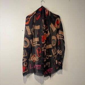 FRAAS 100% Virgin Wool Love Heart Print Scarf Wrap Black Pink Red NWT
